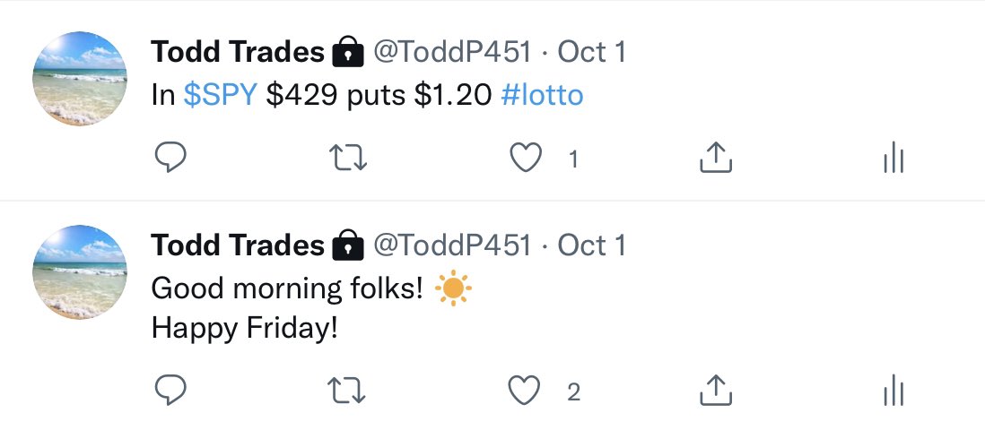 ToddP45's tweet photo. $SPY 

A solid one and done Friday;  $1.20>$2.50, managing 3/4 at +50%.  $SPY 10/1 $429 puts chart has entry and exit points on it from Friday.  
(11-minute trade) https://t.co/SO094SXqsv