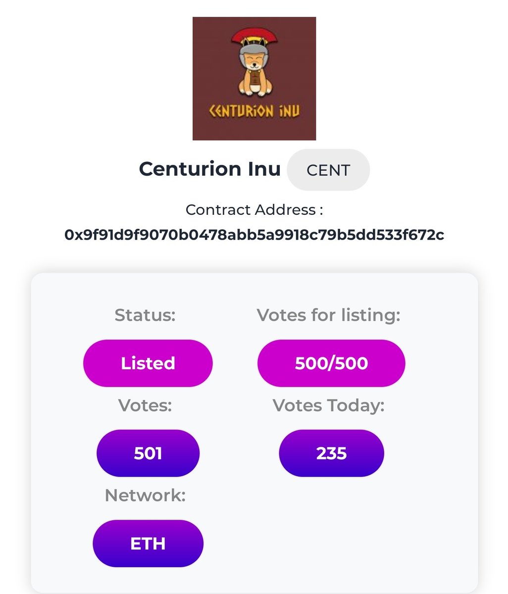 $CENT ERC-20
#ROMAINVICTA

❗❗WE JUST GOT LISTED STATUS ON COINSCOUT❗❗

<a href="/coin_scout_/">CoinScout</a>

🦄Buy at: app.uniswap.org/#/swap?outputC…
🗺dextools: dextools.io/app/uniswap/pa…

⚔ JOIN THE LEGION:
🌐 Website : centurioninutoken.com
💬 Telegram : t.me/CenturionInuTo…