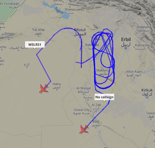 ameliairheart's tweet photo. USAF Aircraft tracking near Mosul, IQ, heading back to base after operations:
E-3G 83-0009 #AE11F2 appears to have been making her normal racetracks.
KC-135R 58-0009 #AE058C was making standard AAR patterns.
#ADSB https://t.co/9HsPlAsaAr