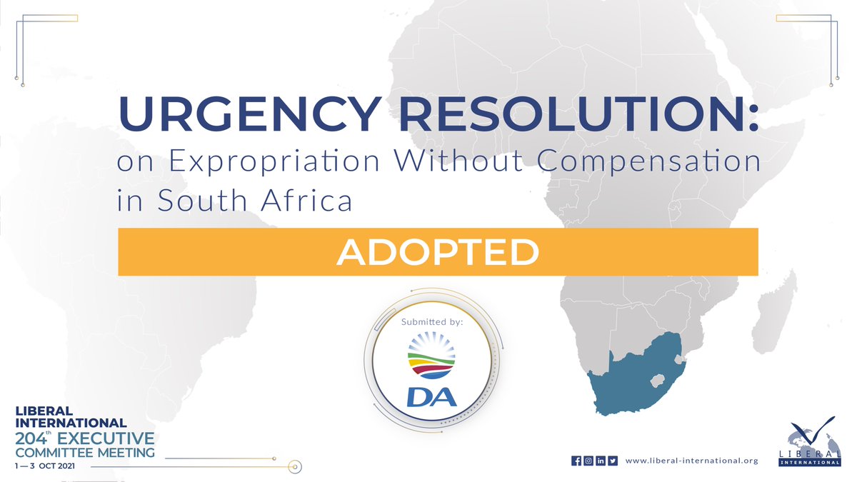 liberalinternat's tweet photo. ✅
Property rights are an essential tenet of #liberal #democracy, which is why today #LIExCom passed @Our_DA's resolution demanding that @MYANC reconsider their support for nationalising citizens' property in #SouthAfrica 🇿🇦
Read more here👉https://t.co/xUtjBH1udP https://t.co/gGWTMvVumn