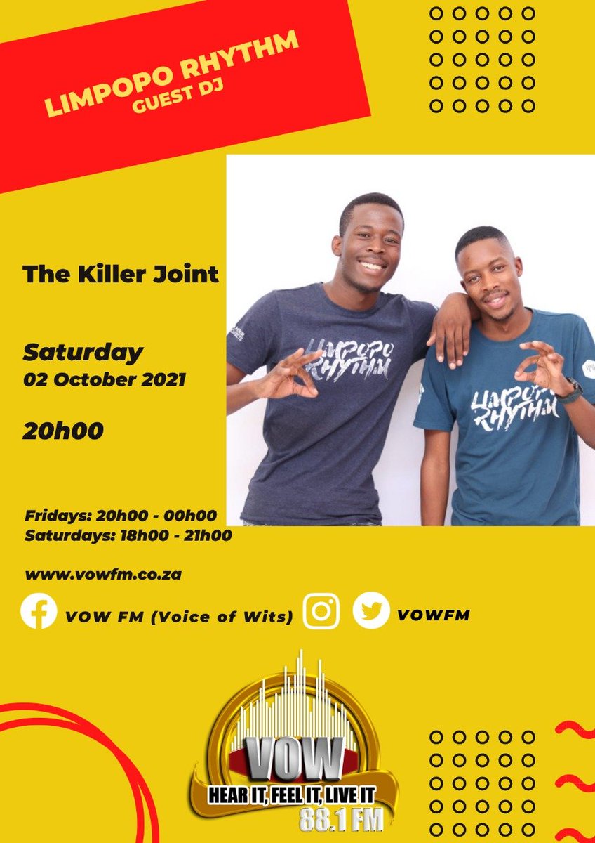 RealDjSonyce's tweet image. [UP NEXT] #GuestDJ featuring @limpopo_rhythm

Getting to know our guests a little better, we are having a chat with them next, and they will drop a mix after that. 

Tune in via vowfm.co.za OR 88.1 FM on your radio

#TheKillerJoint 
@RealDjSonyce
 #SoundsOfSpring