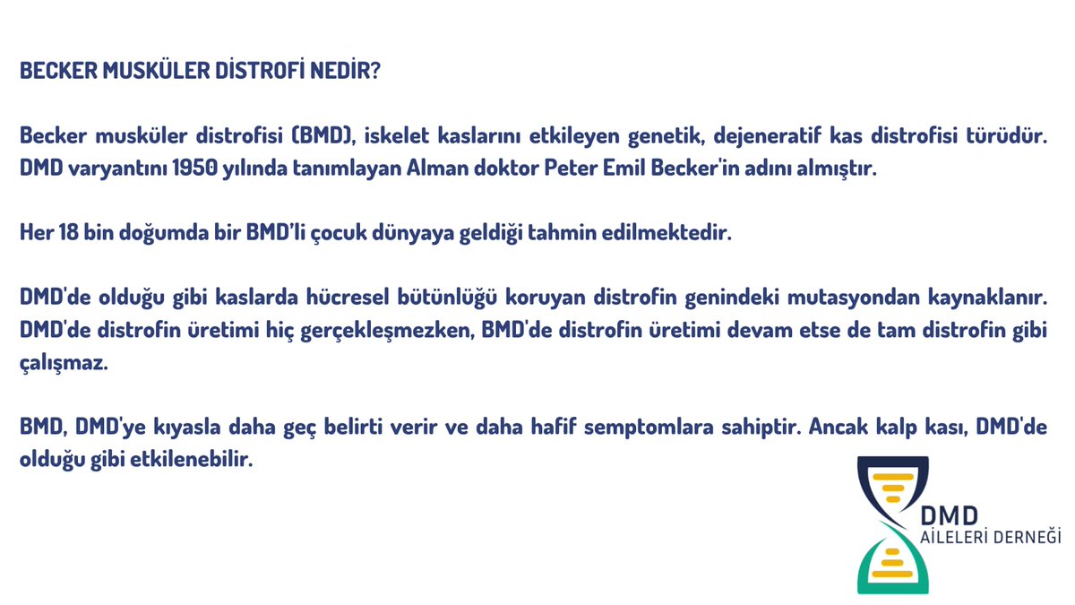 Dmd_aileleri's tweet photo. Becker musküler distrofisi (BMD), kaslarda hücresel bütünlüğü koruyan distrofin genindeki mutasyondan kaynaklanır.

DMD'de distrofin hiç üretilmezken, BMD'de kısmi distrofin üretimi vardır. DMD'ye kıyasla daha geç belirti verir ve daha hafif semptomlar görülür. 
#BMDawarenessweek https://t.co/5z3yua9oO6