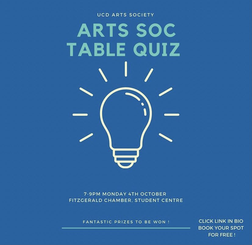ucdartssoc's tweet photo. Join us Monday for our Arts Soc Table Quiz! Teams of 4 will compete in general topics for great prizes. Don’t worry if you don’t know anyone that’s going, stop on by anyways! Sign up via the link in our bio. #ucdsocieties #ucdartssoc #ucd #artssoc https://t.co/Zg9dMZee5t