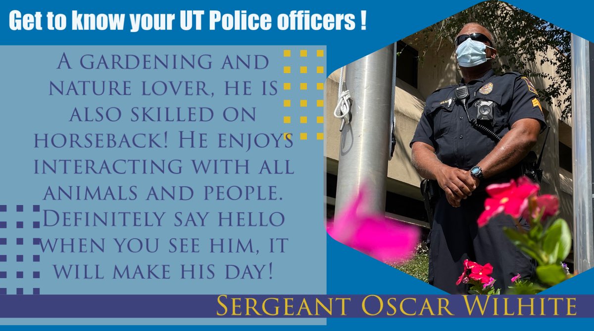 UTPoliceHouston's tweet photo. Meet Sergeant Wilhite! 🌺🌈🦋☀️⭐️🌷🌼🐍🐝🌿🦅🍃🦆🐢🌱🐞🐴<< are just a few of his favorite things! 😁😃😀

#nno #nnotexas #campussafety https://t.co/w5HISmSErC