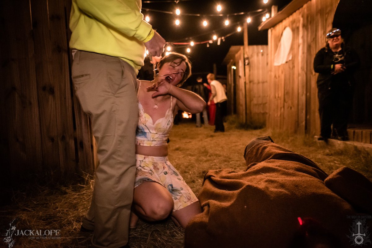 JackalopeLARP's tweet photo. #vamptober #vtmtober Day 2: Sweet Embrace. A Sabbat sire shows their childe how to feed for the first time at #TheNightInQuestionLARP. #vamily #VampiretheMasquerade #larp https://t.co/rJNIStcj56