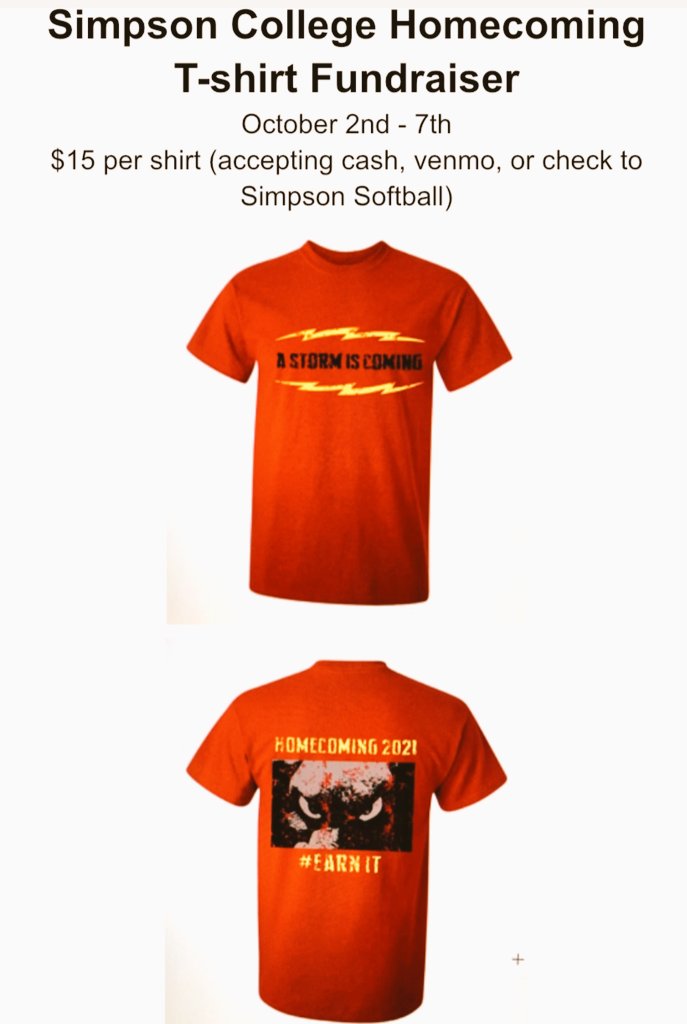 SCStormSoftball's tweet photo. Simpson Homecoming Shirts are now available in a limited supply! 
See a Simpson Softball Player or DM us to get yours today! #RollStorm #EarnIt https://t.co/3DBmU1W32c