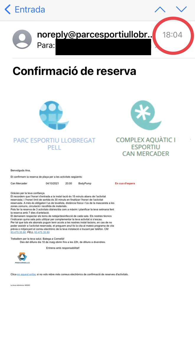 AnaMateoMa's tweet photo. Indiganda. Aquest matí he reservat una clase al @PARCESPORTIU Can Mercader, m’han enviat un correu confirmant-me el registre. Aquesta tarda a les 18h, em diuen que estic en cua d’espera. Com pot es por passar de tenir plaça a estar en cua d’espera? El pitjor: no es el 1r cop. https://t.co/bhxwxpK9HO