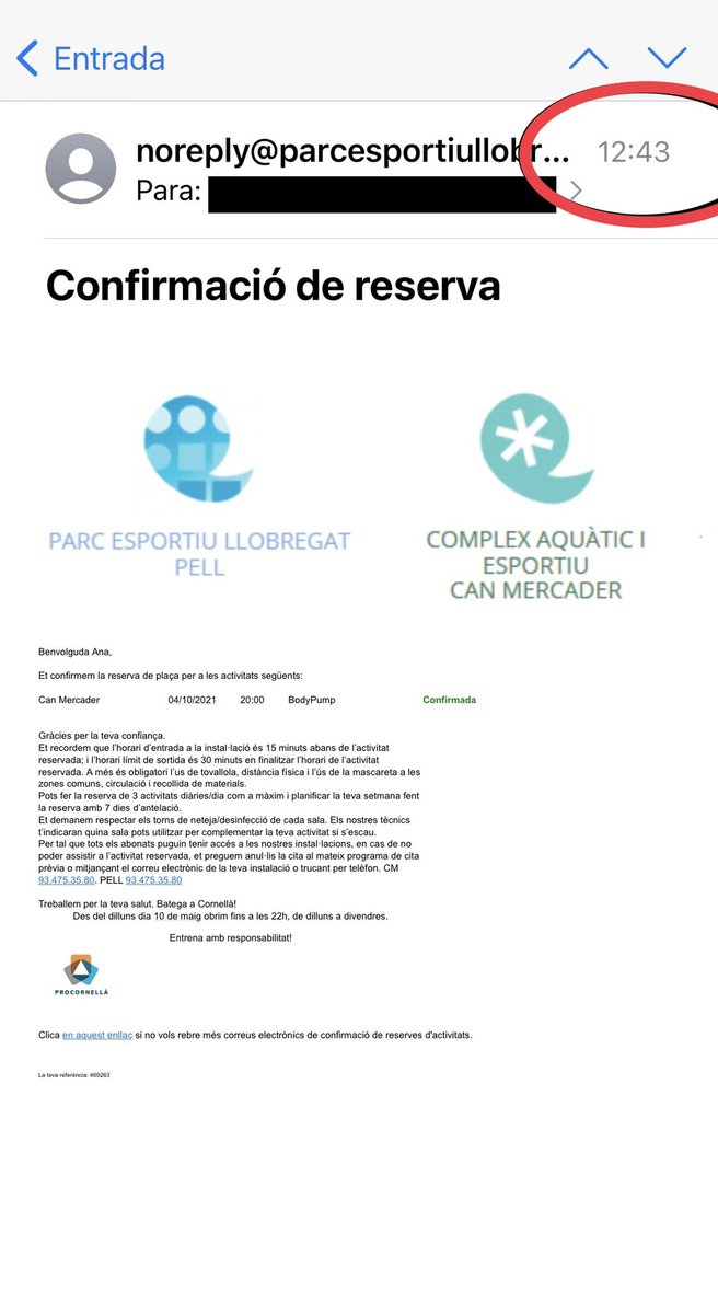 AnaMateoMa's tweet photo. Indiganda. Aquest matí he reservat una clase al @PARCESPORTIU Can Mercader, m’han enviat un correu confirmant-me el registre. Aquesta tarda a les 18h, em diuen que estic en cua d’espera. Com pot es por passar de tenir plaça a estar en cua d’espera? El pitjor: no es el 1r cop. https://t.co/bhxwxpK9HO