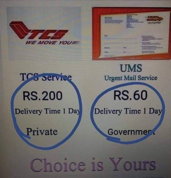 فیصلہ آپ کے ہاتھ میں 
جو سہولت پاکستان پوسٹ آفس آپ کو صرف 60 روپے میں دے رہا ہے 
وہی سہولت ٹی سی ایس(TCS) کمپنی 200 روپے میں دے کرآپ کو لوٹ رہی ہے۔
تبدیلی آج ہی اپنے آپ سے کریں اور اپنے ملک کو فائدہ پہنچائیں