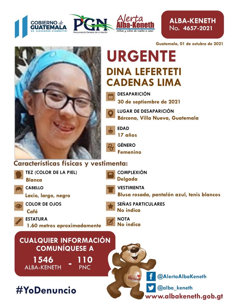 NHistoriasGT's tweet photo. Dina Leferteti Cadenas Lima, de 17 años, desapareció hace dos días en Bárcenas Villa Nueva. Si alguien la ha visto por favor notificar a las autoridades a las líneas 1546 o 110. https://t.co/WL5KcWKIbZ