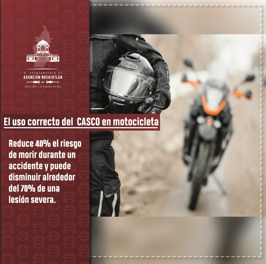 GobNochixtlan's tweet photo. #SabiasQué | En el caso de los motociclistas, utilizar correctamente un casco certificado reduce 40% el riesgo de morir durante un accidente y puede disminuir alrededor del 70% de una lesión severa. Para conocer más visita: https://t.co/a2ztTyQl9d