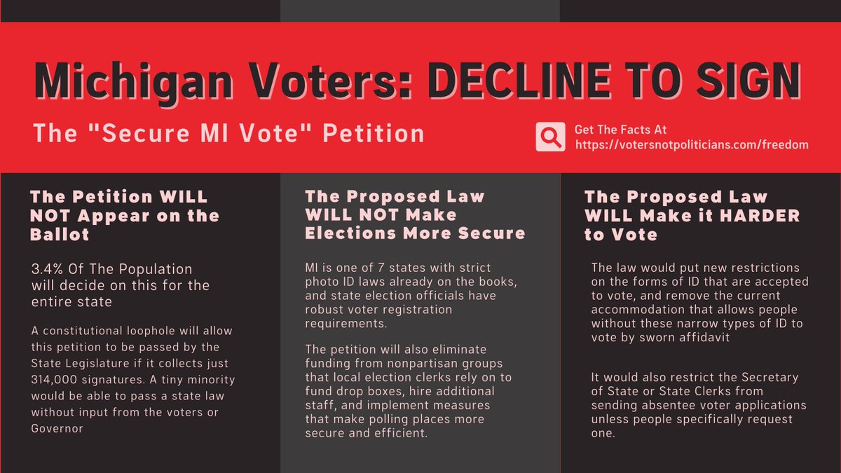 HuronValleyDSA's tweet photo. ATTN MICHIGAN VOTERS: @NotPoliticians let us know about a sneaky petition driven happening right now called "Secure MI Vote." This petition is using a loophole to bypass the legislative process and roll back voting rights. More info below! Please share widely and DECLINE TO SIGN https://t.co/doKefMkNOj
