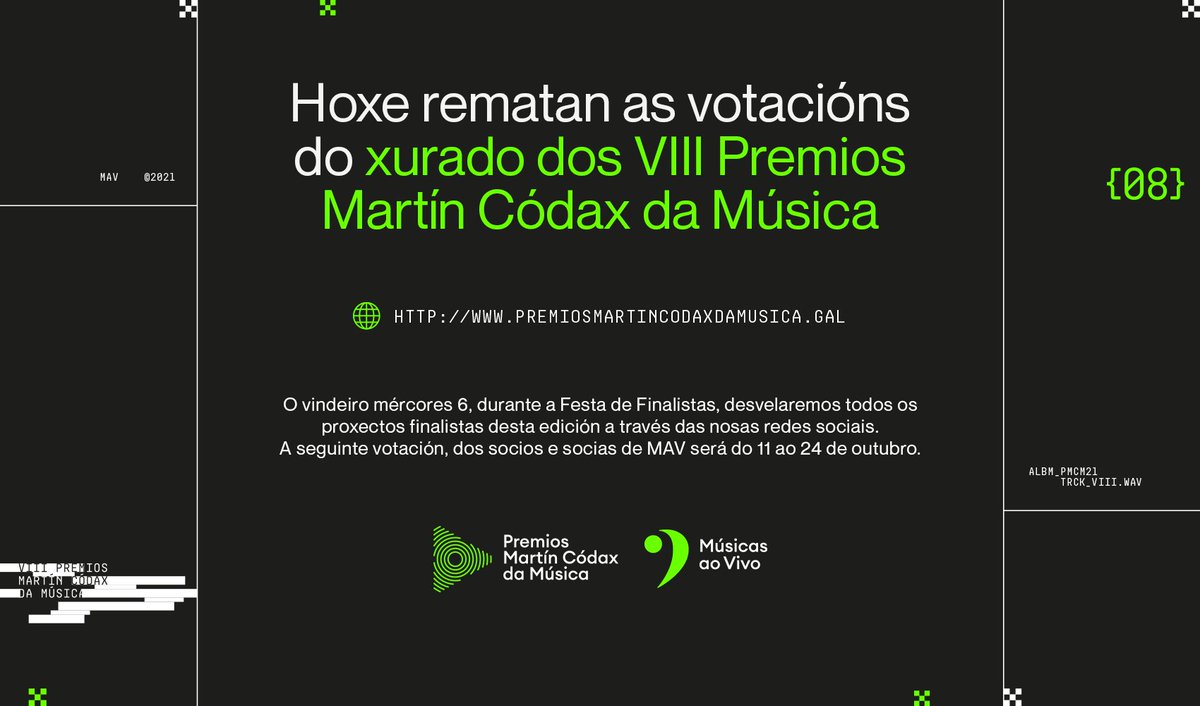 prmartincodax's tweet image. 📝 Hoxe o #XuradoDosPremios remata a valoración dos proxectos inscritos.
📅 O vindeiro mércores anunciaremos os proxectos finalistas a través das nosas redes sociais!
➡ A seguinte votación, dos/as socios/as de @Musicos_ao_Vivo, será do 11 ao 24 de outubro.
#PremiosDaMúsica21