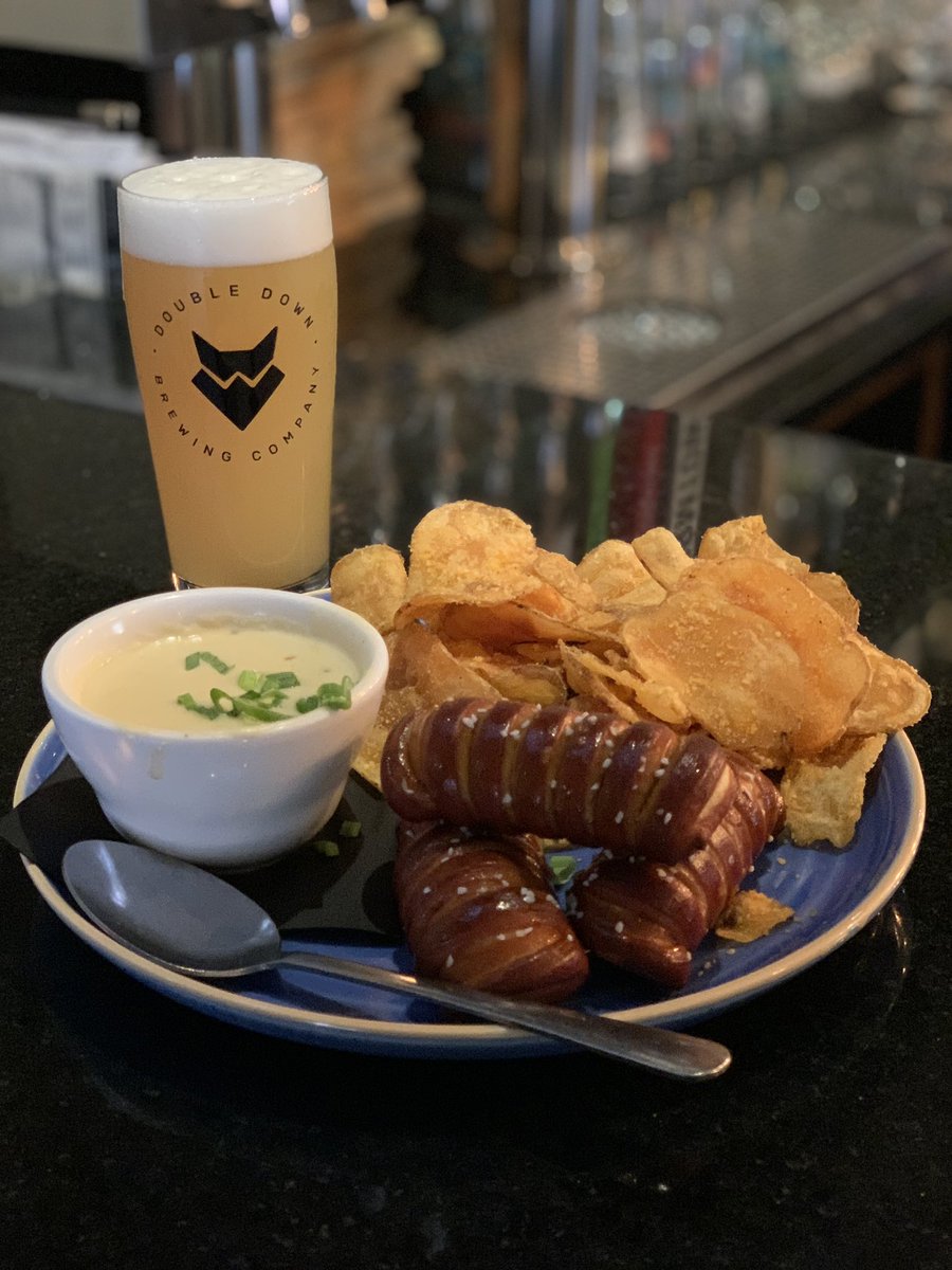 doubledownbeer's tweet photo. Chef Marcos has released his new menu featuring 3 of our beers in his recipes: White Rabbit Pale Ale Beer Cheese, Subconscious Haze NEIPA Fish &amp; Chips, and Atomic Man DIPA Chicken Sandwich.  Come on down and pair them with your favorite DDBC brew! https://t.co/qaBsDUrSUY
