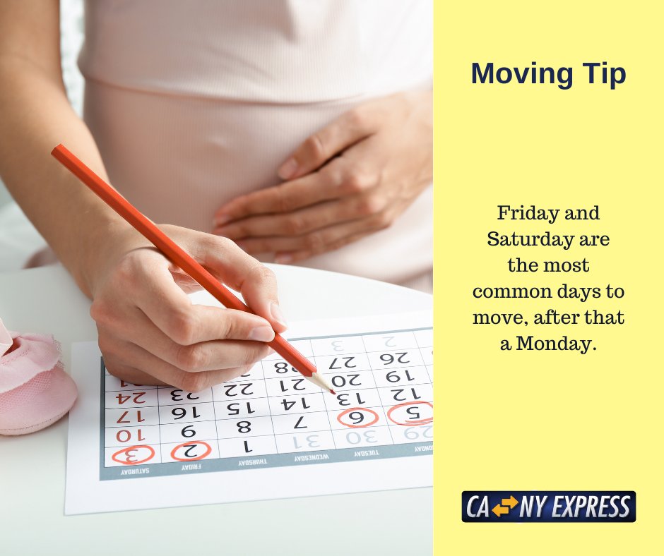 CANYExpress's tweet image. Friday and Saturday are the most common days to move, after that a Monday. One of the reasons Friday is common, especially for local moves, is that unpacking can happen over the weekend. Learn more on our blog: moveeast.com/blog/what-to-e… #movingtips #moveeast