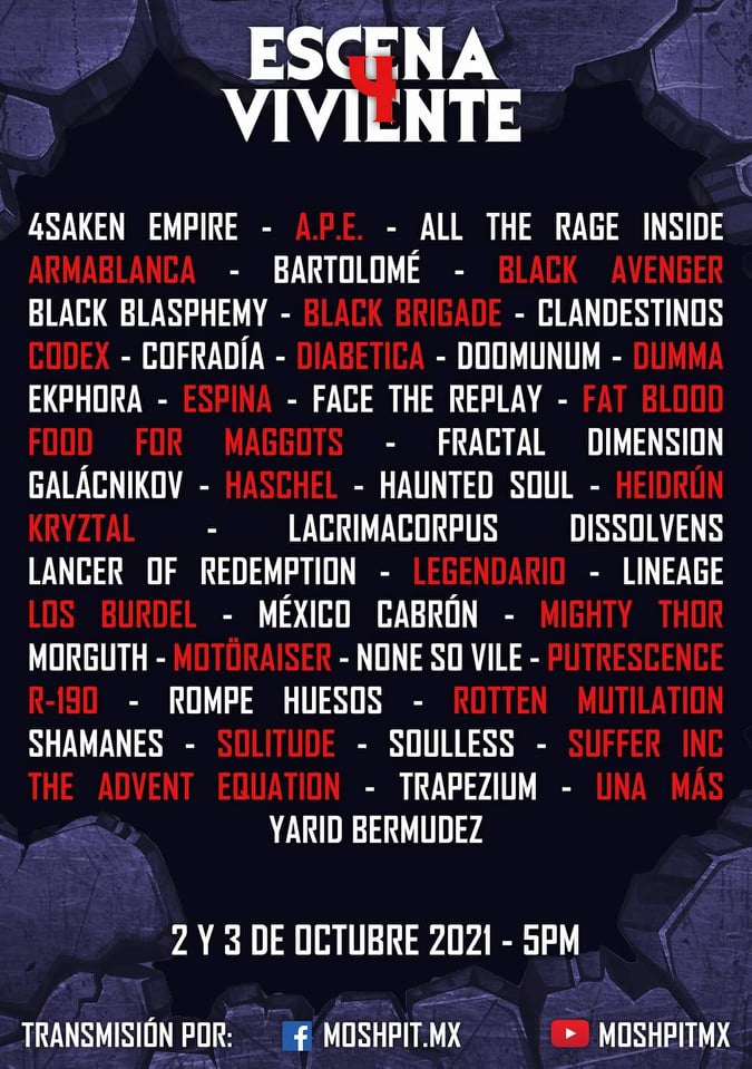 Hoy inicia #EscenaViviente4 de <a href="/moshpitmx/">Moshpit Mx</a>, con la participación de bandas como <a href="/4sakenEmpire/">4Saken Empire</a> <a href="/AllTheRageInsid/">All The Rage Inside</a> <a href="/espinaoficial/">- ESPINA -</a>
<a href="/Adventequation/">THE ADVENT EQUATION</a> #putrescence y mas bandas