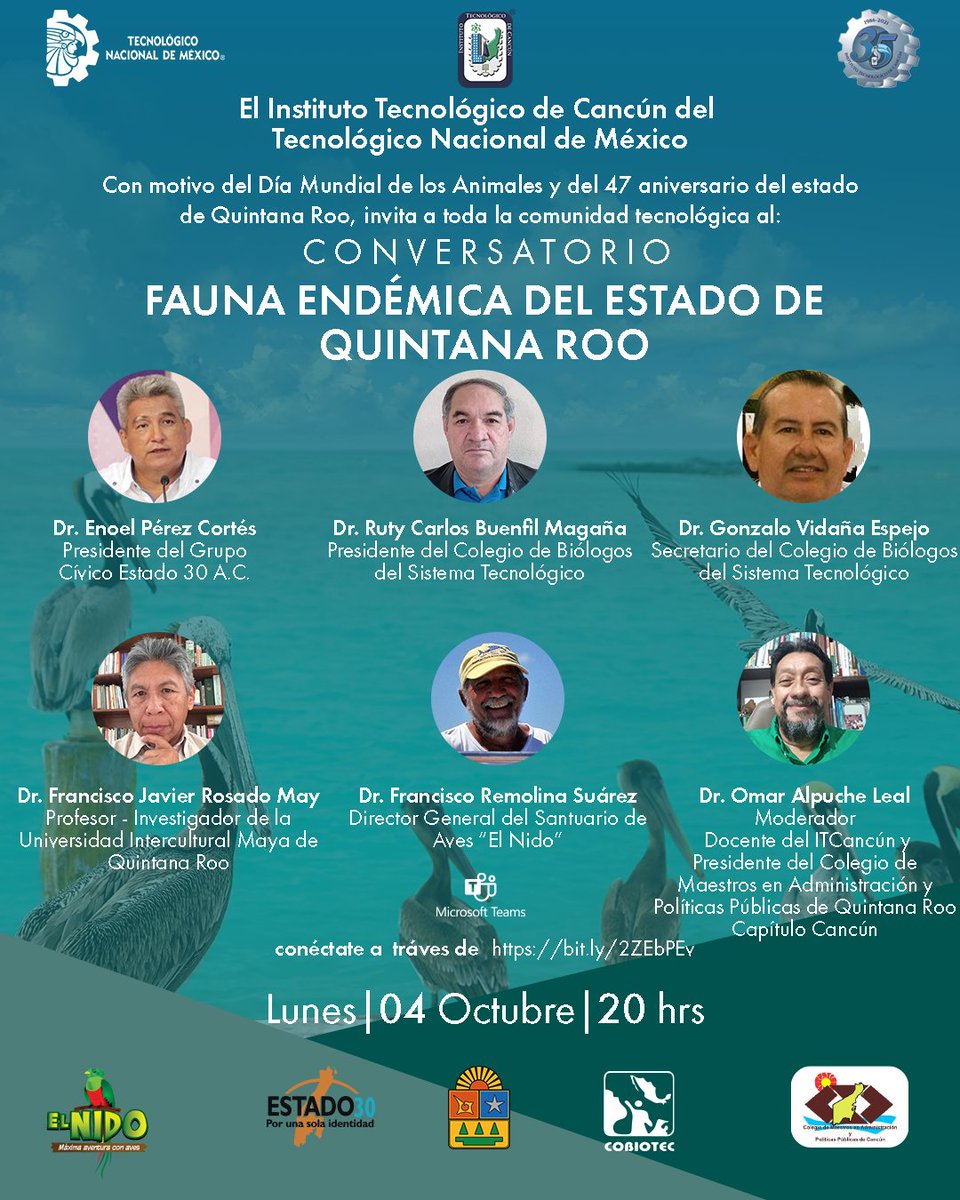 <a href="/TecNM_Cancun/"><a href="/TecNM_Cancun/">@TecNM_Cancun</a></a> #Conversatorio sobre la #FaunaEndémicaDelEstadoDeQuintanaRoo este 4 de octubre en la celebración del #DíaMundialDeLosAnimales en el marco de los aniversarios del  @TecNM_Cancun y del Estado de #QuintanaRoo <a href="/GobQuintanaRoo/">Gobierno Quintana Roo</a> invitan a la <a href="/ComunidadTecNM/">ComunidadTecNM</a> y ciudadanía #EventoGratuito