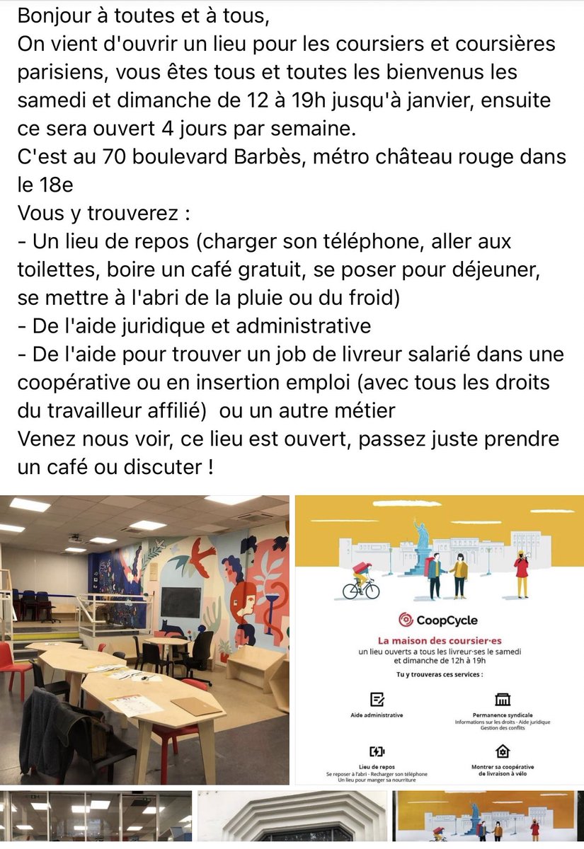 🏡 La Maison des coursiers•e•s ouvre tout doucement ses portes au 70 boulevard Barbès. 

En attendant l’inauguration officielle (plus d’info bientôt), voici quelques informations pratiques 👇