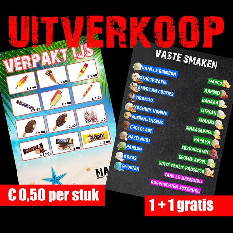 Zondag 3 oktober, 12:00-18:00uur, uitverkoop van ons Italiaanse schepijs (1 + 1 gratis) en het verpakte ijs (50 cent per ijsje). Zien we jullie op het MAX Zomerterras? Olympiaweg 2a | Alphen a/d Rijn