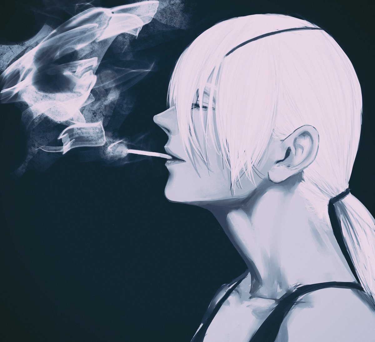 1girl ponytail eyepatch smoke smoking solo cigarette  illustration images