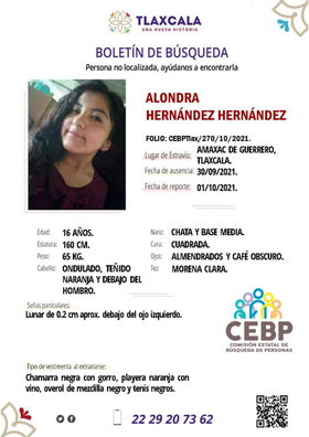 #ServicioSocial | Solicitamos su #ayuda para encontrar a Alondra Hernández Hernández de 16 años de edad. Fue vista por última vez el pasado 30 de Septiembre en Amaxac de Guerrero, #Tlaxcala. Cualquier información al 2229207362