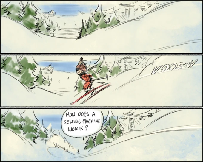 091: I think about the comic, Calvin and Hobbes' final comic strip pretty often. At least more often than any other page. That perfect swooping curve as they fly off into the unknown of the blank canvas. This isn't quite that good but I enjoyed trying to have those same hills. 