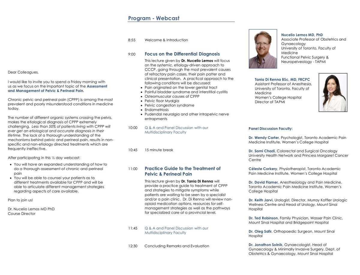 Register today for this incredible workshop "Assessment and Management of Pelvic &amp; Perineal Pain" by Dr. Nucelio Lemos and Dr. Tania Di Renna from Toronto Academic Pain Medicine Institute (TAPMI). Early registration deadline is October 19! <a href="/nucelio/">Nucelio Lemos</a> 

mountsinai.on.ca/education/cont…