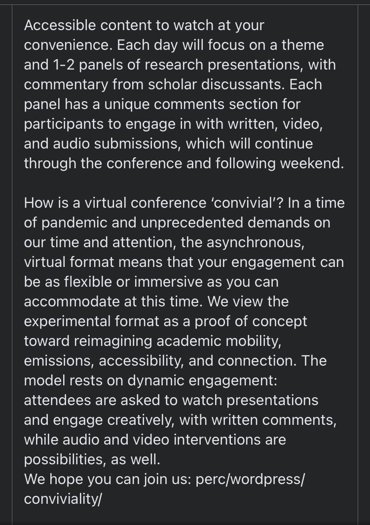 #CONVIVIALITY virtual conference, join us starting oct 4! Open access &amp; free to register at  perc.ac.nz/wordpress/conv… Begins with Maori welcome &amp; 2 urgent reflections on knowledge, sharing, and limits. circulate! perc.ac.nz/wordpress/wp-c… <a href="/brambuscher/">Bram Büscher</a> <a href="/MaywaMontenegro/">Maywa Montenegro</a> <a href="/PolEcoNet/">POLLEN</a>