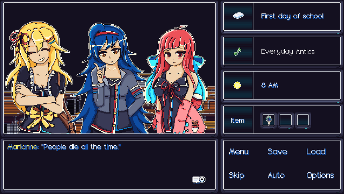 ProjectFrallen's tweet photo. Here's how our game's looking so far. In retrospect, probably not the best #screenshotsaturday to post in 2021... Still some placeholder art here and there.

#visualnovel #pixelart #indiedev https://t.co/Rw8syDki8F