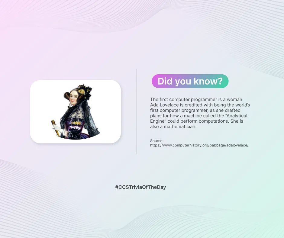 ccs_wolves's tweet photo. DID YOU KNOW?

Did you know that the first programmer is a woman?

Find out more thru our trivia of the day!

#CCSTriviaOfTheDay https://t.co/uvhoYaEL3o