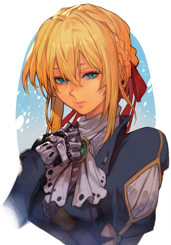 violet evergarden 1girl solo blonde hair blue eyes ribbon hair between eyes braid  illustration images