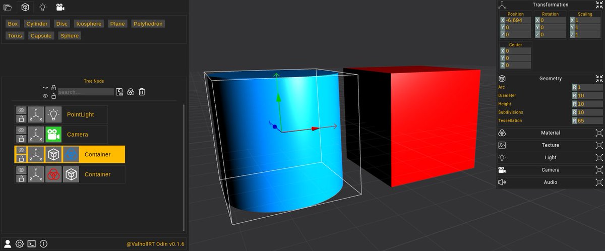 valhollrt's tweet image. Now in Odin 0.1.6, you can change the font, select your contianer and dblClick on your favorite #typography 
Also Copy your Geometries Materials lights and transforms plugins in another one, or DELETE with Supr. Key!