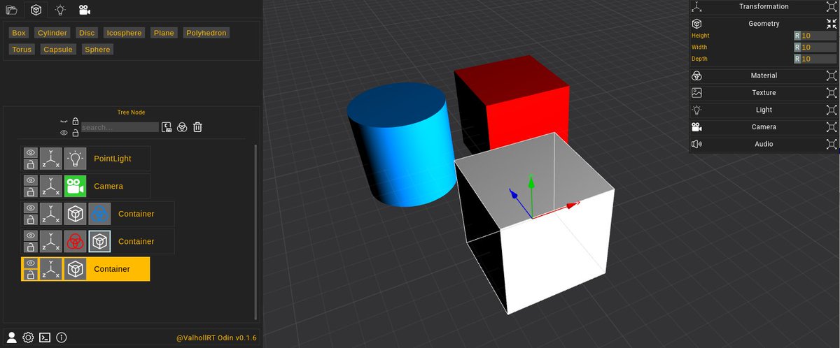 valhollrt's tweet image. Now in Odin 0.1.6, you can change the font, select your contianer and dblClick on your favorite #typography 
Also Copy your Geometries Materials lights and transforms plugins in another one, or DELETE with Supr. Key!