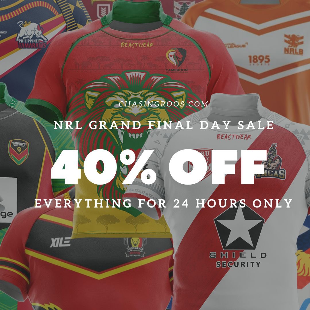 It’s HERE! It’s HERE! Our friends over at ChasingRoos.com are having their Grand Final Sale. 40% of everything?! Are you kidding? NO, it’s the sale of the century on all your favorite #RugbyLeague gear. If you buy something, tell’em Carolina sent you.