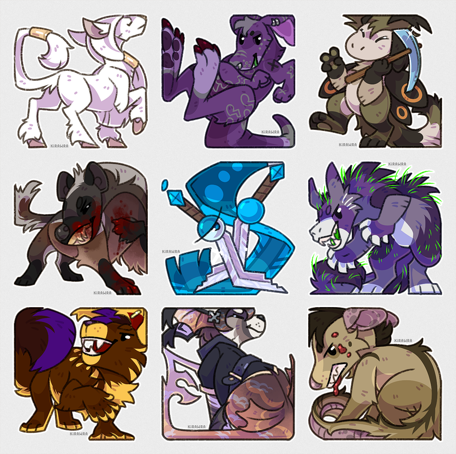 KiRAWRart's tweet photo. The final set of squares from Art Fight 2021! I ended up doing 126 of these little guys in one month :)
@V0IDSPACER @Salt___Lick @fuzzy_maro @TroubledTeeth 
⚔
#art #drawing #digitalart #artistsontwitter #kirawra #square #animals #furryart #stylized #icons #artfight #artfight2021 https://t.co/LRzrYYYZRR