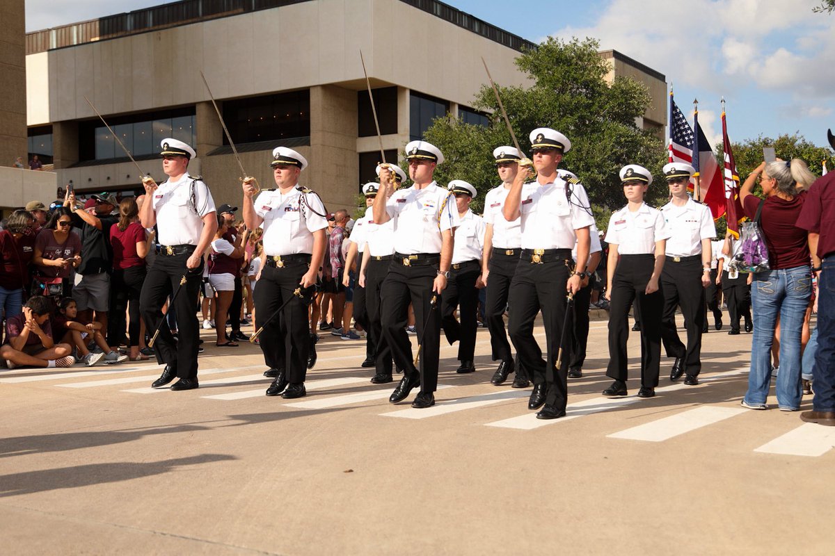 TAMUCommandant's tweet photo. The rain held off and our cadets looked great! Thanks to all who came out to support our Aggie Corps! And a special welcome to our friends from @AggiesByTheSea for joining us for today’s march-in! Beat the Hell Outta Mississippi State! https://t.co/vkKx3c7Bc2