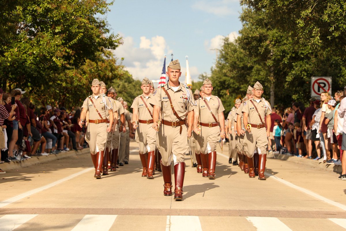 TAMUCommandant's tweet photo. The rain held off and our cadets looked great! Thanks to all who came out to support our Aggie Corps! And a special welcome to our friends from @AggiesByTheSea for joining us for today’s march-in! Beat the Hell Outta Mississippi State! https://t.co/vkKx3c7Bc2