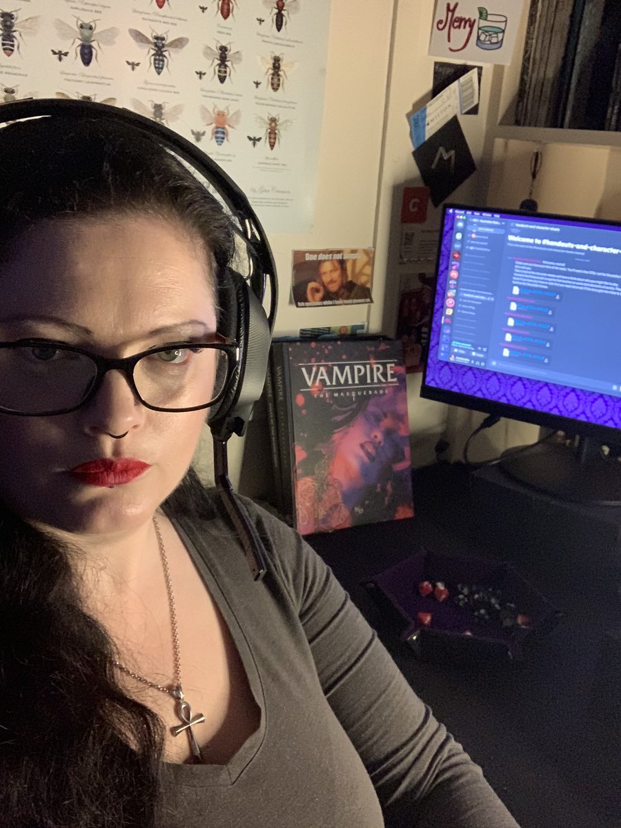 NephthysNile's tweet photo. Game face engages. Let’s do this! It’s time for #MIGWatthetable. I’ll be taking some folks through a #vtm 1-shot. #migw21 #ttrpg #vamily https://t.co/gq8IUSkE41