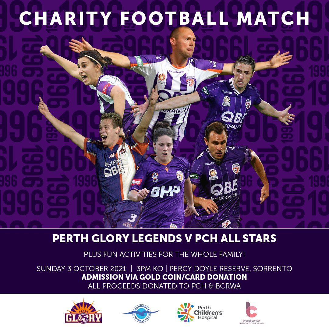 Today’s the day!
<a href="/PerthGloryFC/">Perth Glory FC</a> Legends v <a href="/PerthChildrens/">Perth Children's Hospital</a> All Stars.
Would love to see you at <a href="/Sorrento_FC/">Sorrento FC</a> this afternoon supporting two fantastic causes in <a href="/PCHFWA/">Perth Children's Hospital Foundation</a> and Breast Cancer Research Centre - WA. 💜
<a href="/JamieHarnwell/">Jamie Harnwell</a> <a href="/RichGarcia19/">Richard Garcia</a> <a href="/stevenmcgarry/">Steven McGarry</a> <a href="/DinoDjulbic/">Dino Djulbic</a> <a href="/Chris_coyne78/">Chris coyne</a>