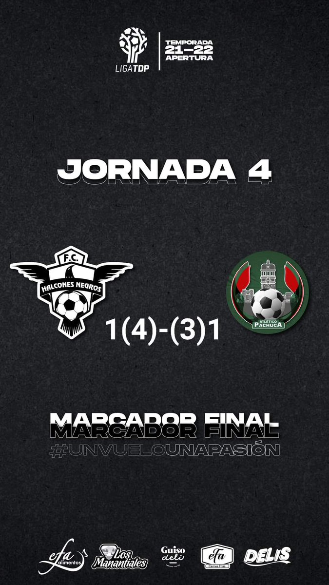 MARCADOR FINAL #Jornada4 <a href="/LigaTDP/">Liga TDP</a>
¡El punto extra se queda en el Nido Halcón! 

Agradecemos su visita <a href="/AtleticoPachuca/">Pachuca Premier</a>
 ¡Buen regreso a casa!

#VamosHalcones 
#UnVueloUnaPasión