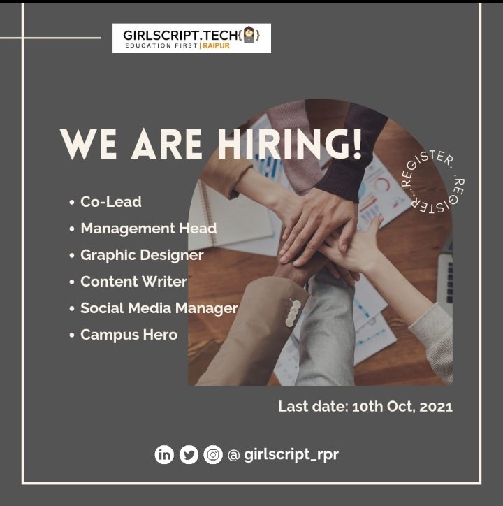 girlscript_rpr's tweet photo. Fill out the application form of recruitment for the positions of your interest/expertise:
1. Co-Lead
2. Management Head
3. Graphic Designer
4. Content Writer
5. Social Media Manager
6. Campus Hero
India's Biggest Community:
https://t.co/Chh7fQnn0m
Last Date to Apply:10th oct'21 https://t.co/Nr7GmqjTEY