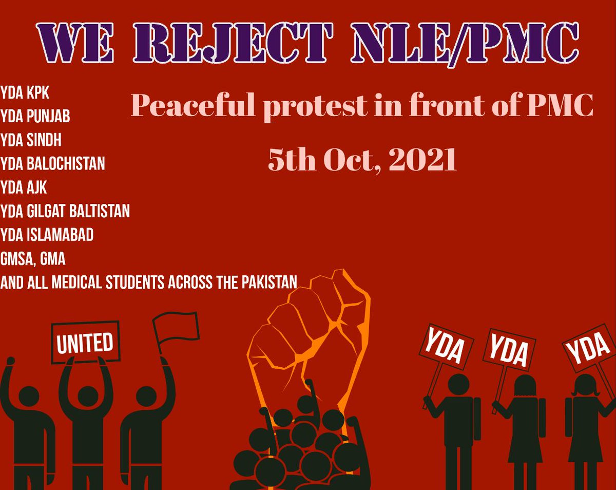 All doctors and students will gather in front of Pakistan medical commission Islamabad and will observe peaceful protest .

YDA, the name of resistance 
#Say_No_to_NLE
#werejectpmc
#WeRejectPmcMdcatTest2021
Long live Resistance 
Long live unity 
Long live YDA