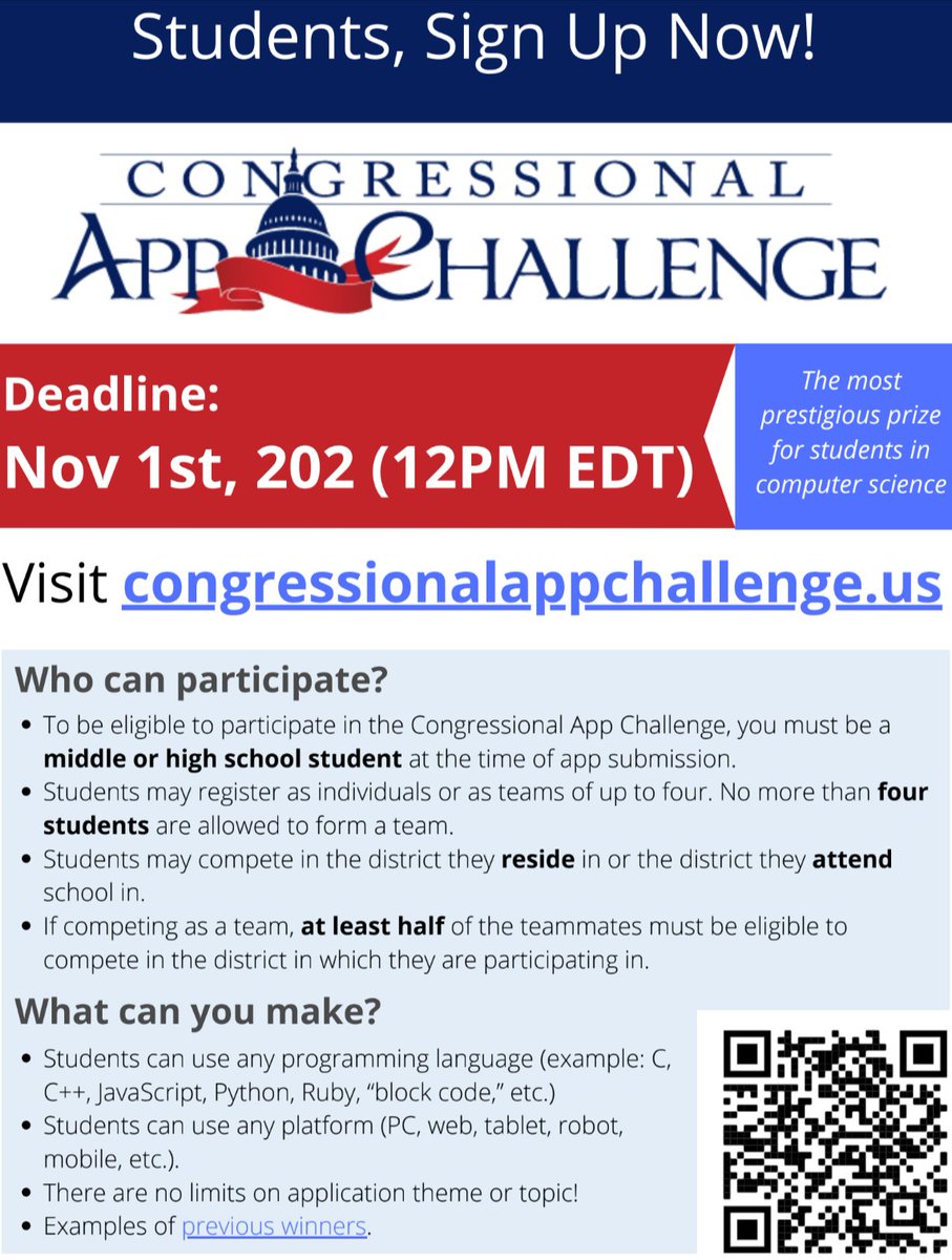 TeachingForward's tweet photo. Middle &amp; High School students - Check out the Congressional App Challenge #coding @CSforMA https://t.co/PxLNcugZhe #CSTA @RepKClark https://t.co/qgKd7fCZQN