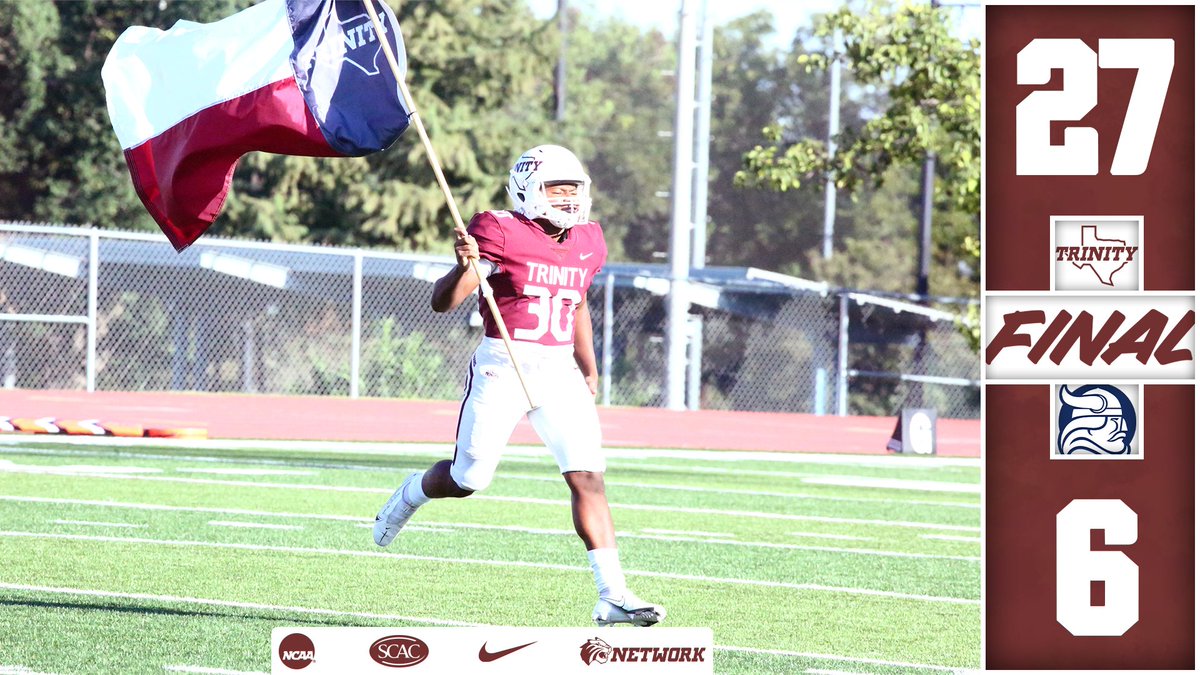 <a href="/TUFootballTX/">Trinity University Football</a> opened up <a href="/SAA_Sports/">SAA Sports</a> play with a 27-6 road win over defending champion Berry College on Saturday evening in Georgia! #TigerPride #d3fb #saafb

The Tiger defense held Berry to just 181 yards in the game (only 31 rushing) and forced a pair of second-half turnovers!