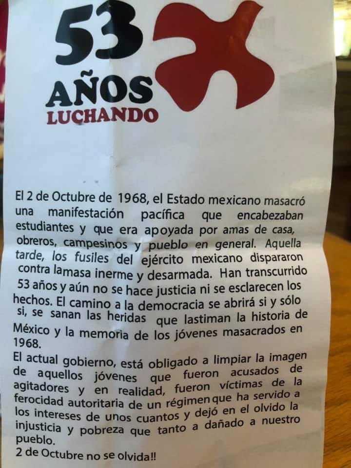 RamiroGonzNL's tweet photo. ¡El #2DeOctubre no se olvida!

Hoy nos tocó actividad, en memoria de esos estudiantes valientes que fueron masacrados por el estado mexicano hace 53 años. 🇲🇽

¡La Lucha Sigue! para seguir combatiendo la injusticia y pobreza que tanto a dañado a nuestro pueblo. https://t.co/j8kSYgIoO7