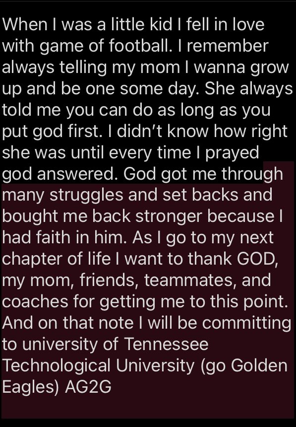 MclaurinEthan's tweet photo. AG2G My next chapter in life I will be committing to Tennessee Technological University @CoachBertBrowne @TTU_CoachA @CoachSamTTUFB @BaRico47Obama @CoachCreasy_OHS @athletics_wave @OnTopAthletics @CSmithScout @_Coach_Anderson @coach_swjackson https://t.co/BtBArnPdtv