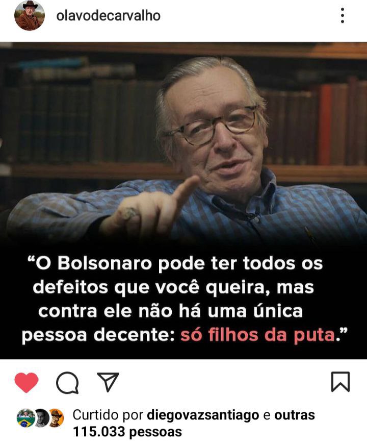 Olavo de Carvalho mandou o papo pra você que é direita. Sabemos que a esquerda perdeu as ruas, mas está longe de perder o PODER. Juntem-se, formem grupos de estudos na sua cidade, crie vínculos com valores. É hora de mudar o Brasil de baixo pra cima.