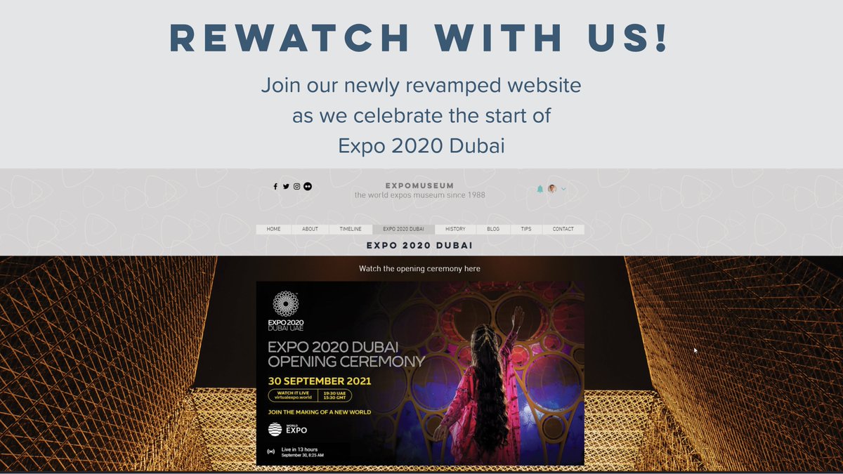 We’ve been waiting YEARS for this day - @Expo2020Dubai is finally here! Come rewatch the Opening Ceremony with us… on our newly revamped website!
We’re extremely excited to launch ExpoMuseum 4.0 - with a whole new look. 
expomuseum.com
#WorldExpos #Expo2020Dubai