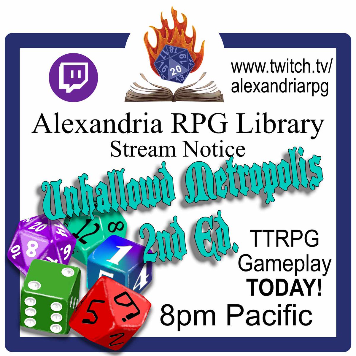 Alexandria_RPG's tweet photo. Tonight is game night!  Join us for #unhallowedMetropolis Revised.  Watch our #oneshot and see if this #horror #ttrpg is something you can play with your group.  Pick it up from @StrixPublishing if you decide you like it.
#horror #horrorttrpg
https://t.co/Dedz6zYjri https://t.co/7qorn7jHau