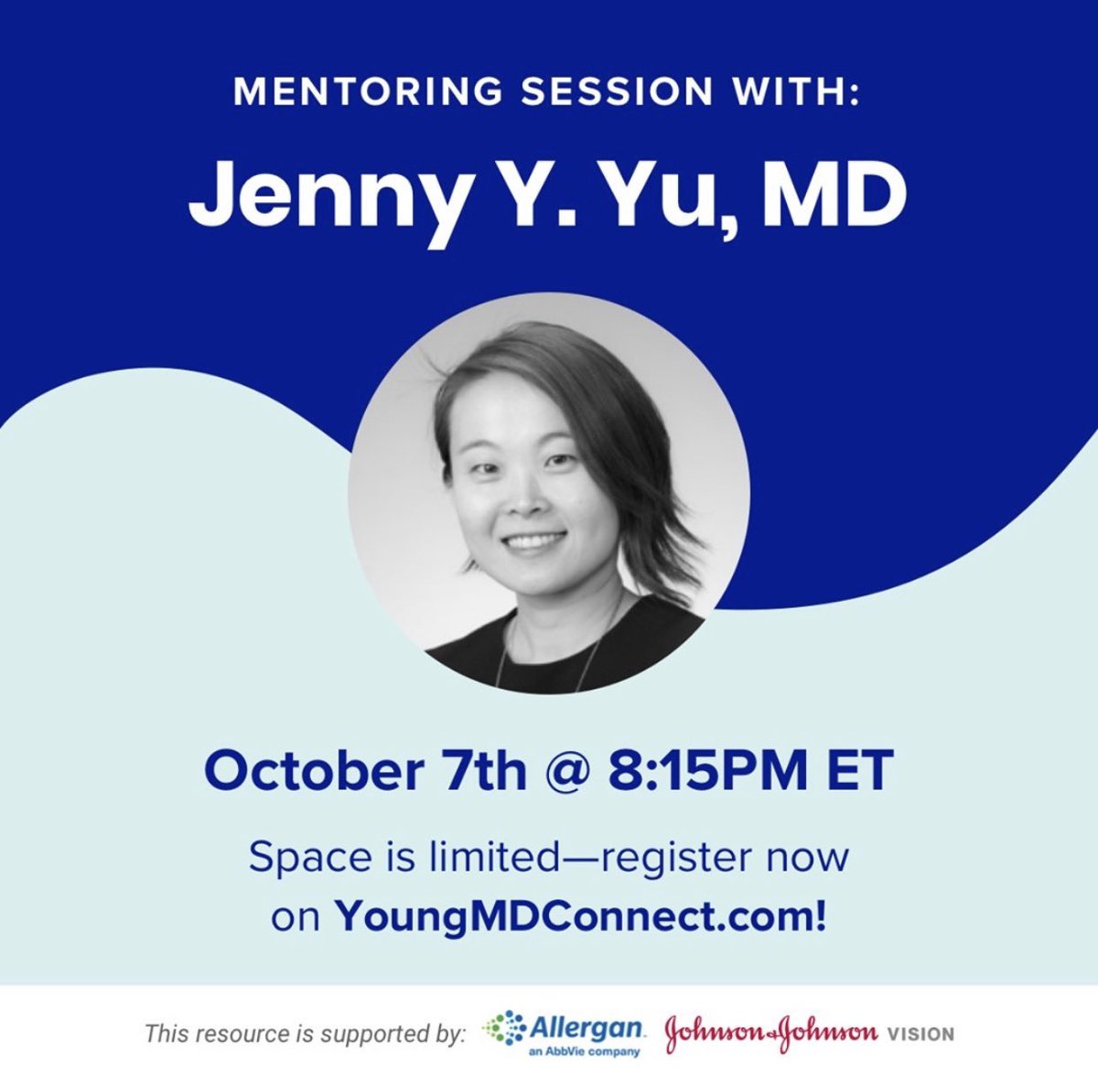 YoungMDConnect's tweet photo. Jumpstart your fall learning &amp; join us for a mentoring session with #oculoplastic surgeon, Jenny Yu, MD! Dr. Yu is also the Founder of WellFounded and Cofounder of Project Theia. Register now to join us on 10/7 @ 8:15PM ET 👊➡️ https://t.co/Lxb2u8z2gY #powerfemale #ophthalmology https://t.co/jo4I0qmBOO